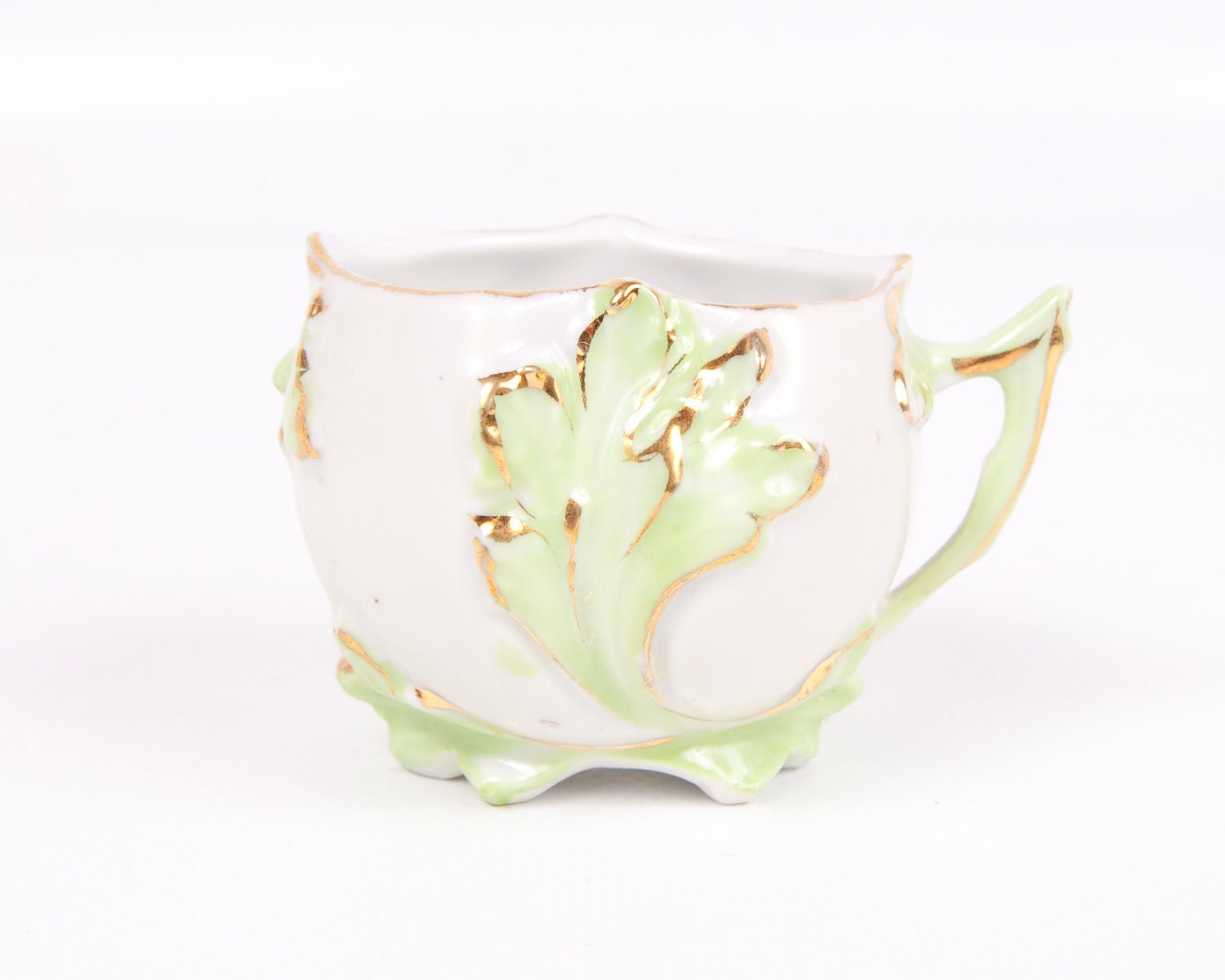 Vintage Green Leaf Teacup Porcelain Miniature Teacup Gilt Demitasse