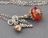 Orange Necklace, Silver Leaf Pendant Necklace, Orange Red Aurora Borealis Glass Beaded Necklace, Handmade Sterling Silver Jewelry