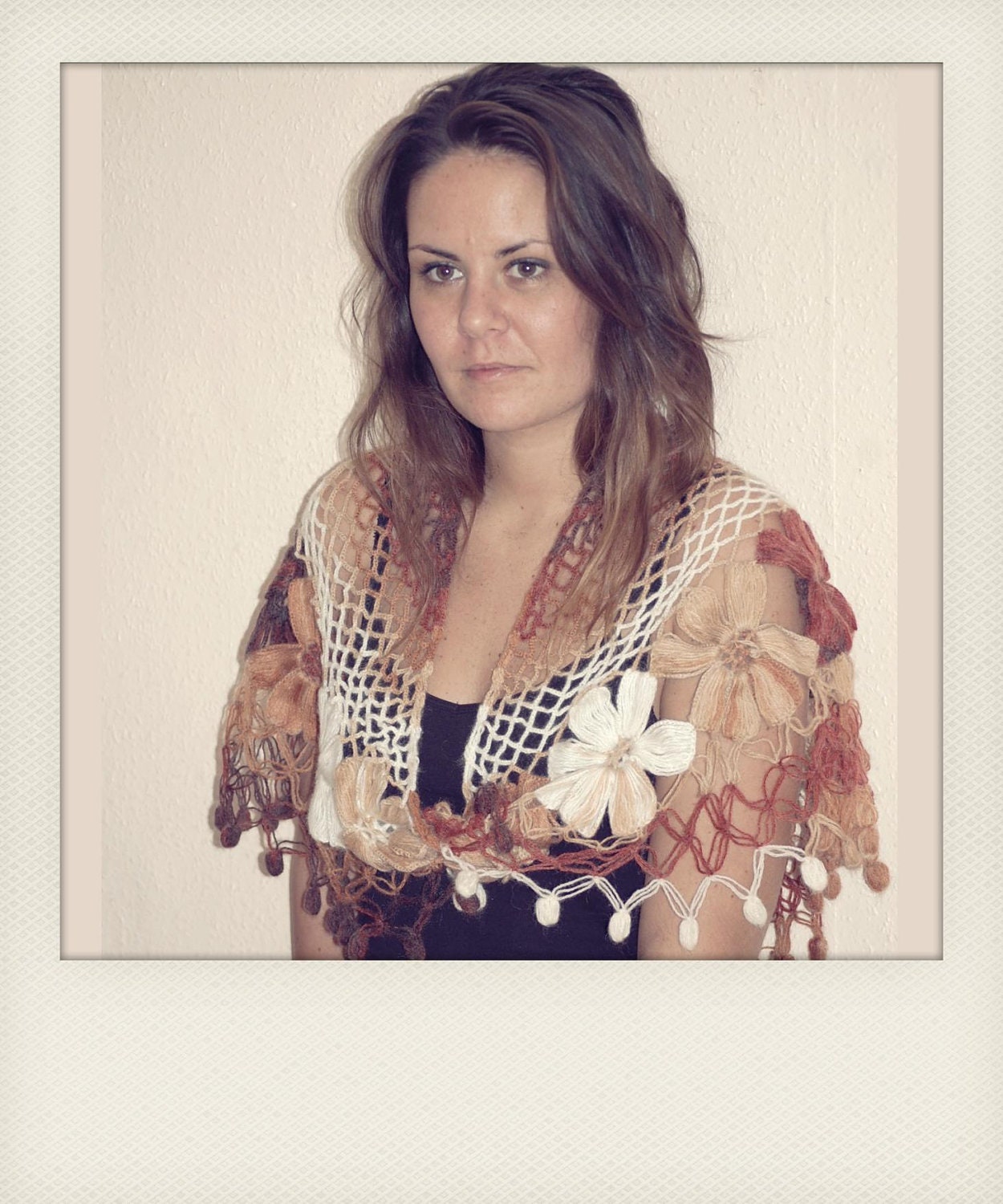 crochet scarf, floral crochet scarf, Brown and cream mixed colour  triangle scarf