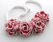Crochet Necklace Choker Bracelet Hairband Red White Shabby Roses