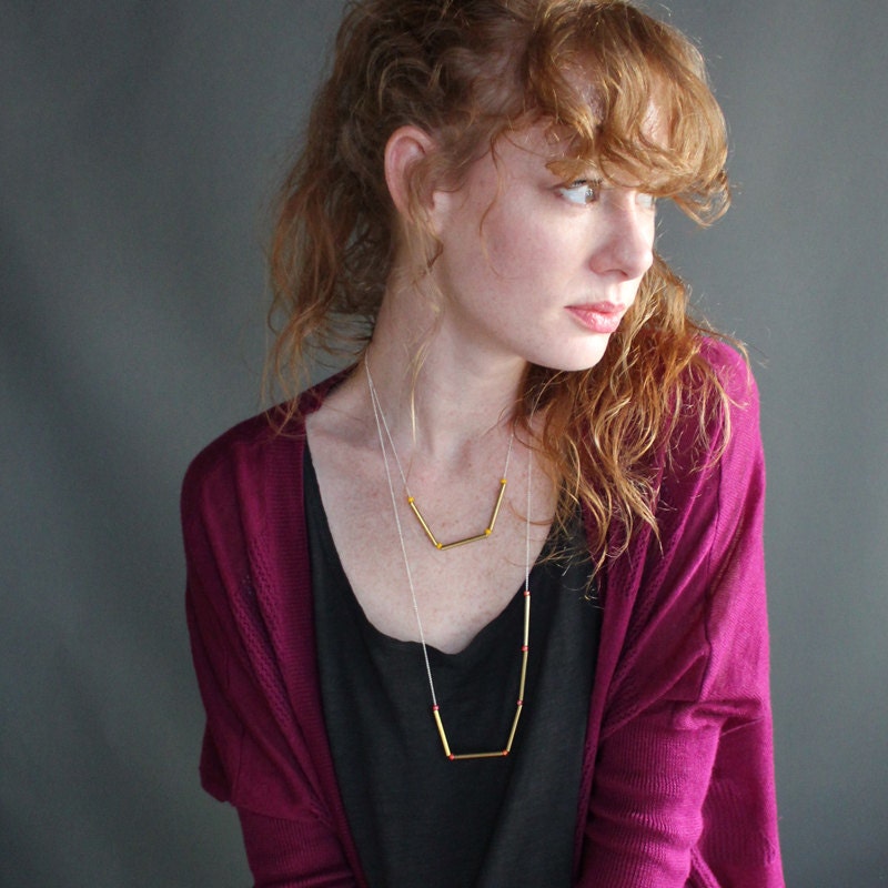 Simple Silver & Gold Dash Dot Colorblock Necklace / handmade sliding brass tubes, dainty chain / green, yellow, blue, pink, or mint beads