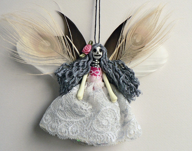 Corpse Bride - Day of the Dead Fairy Peg Doll Ornament - handmade skull face fairy doll / peg doll OOAK.