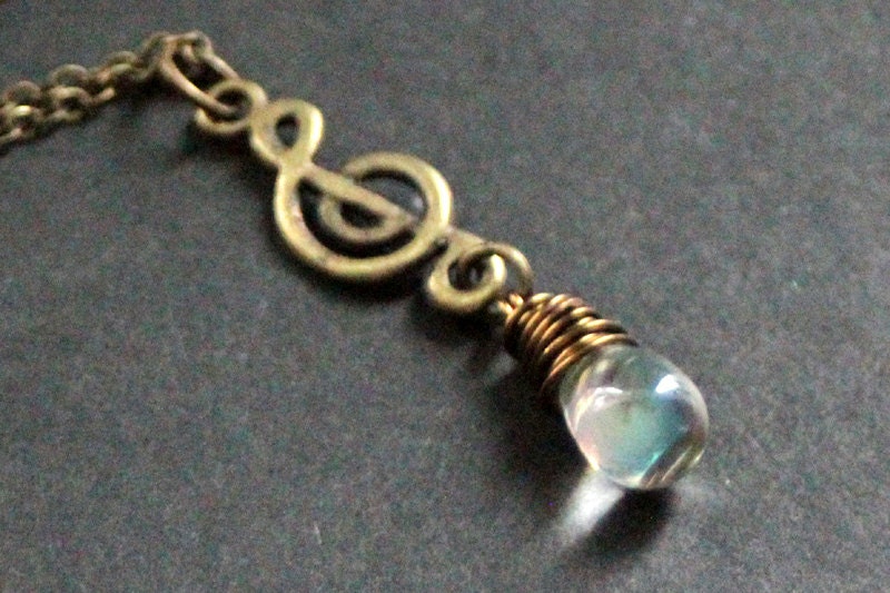 Treble Clef Necklace. Clear Teardrop Necklace. Musical Note Necklace. Musician Necklace in Bronze. Handmade Jewelry.