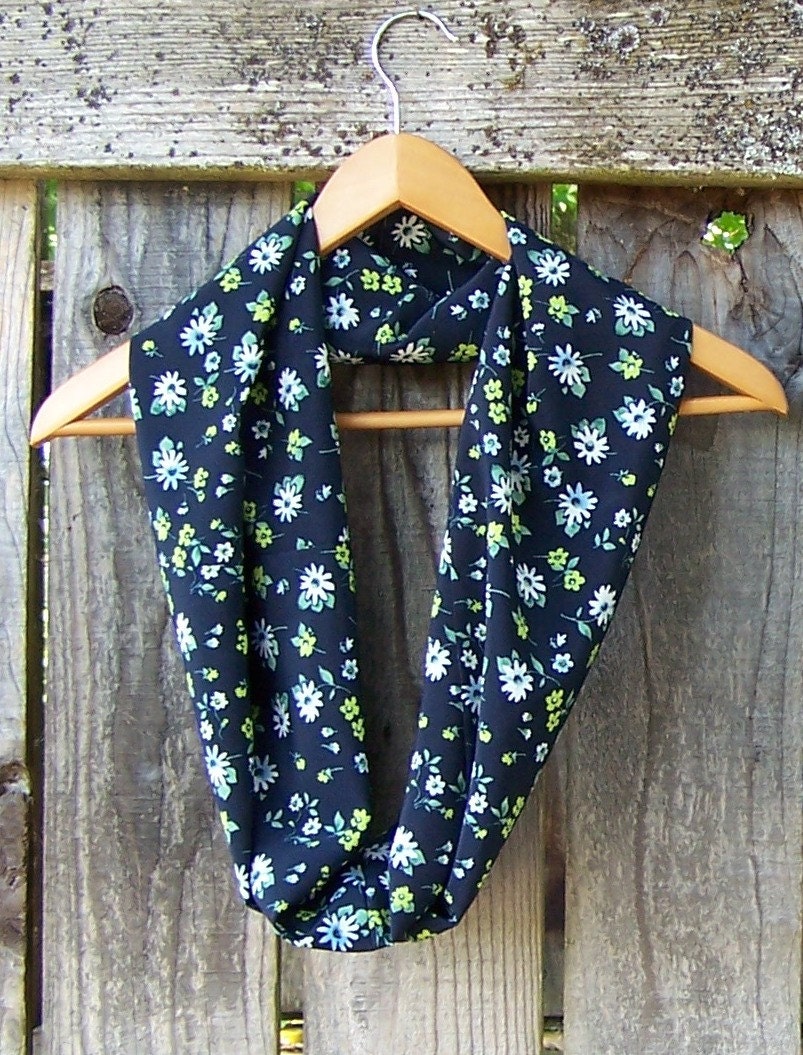 SALE 50% OFF Floral infinity scarf upcycled eco redesigned womens clothing ditsy floral dark navy blue eternity circle cowl