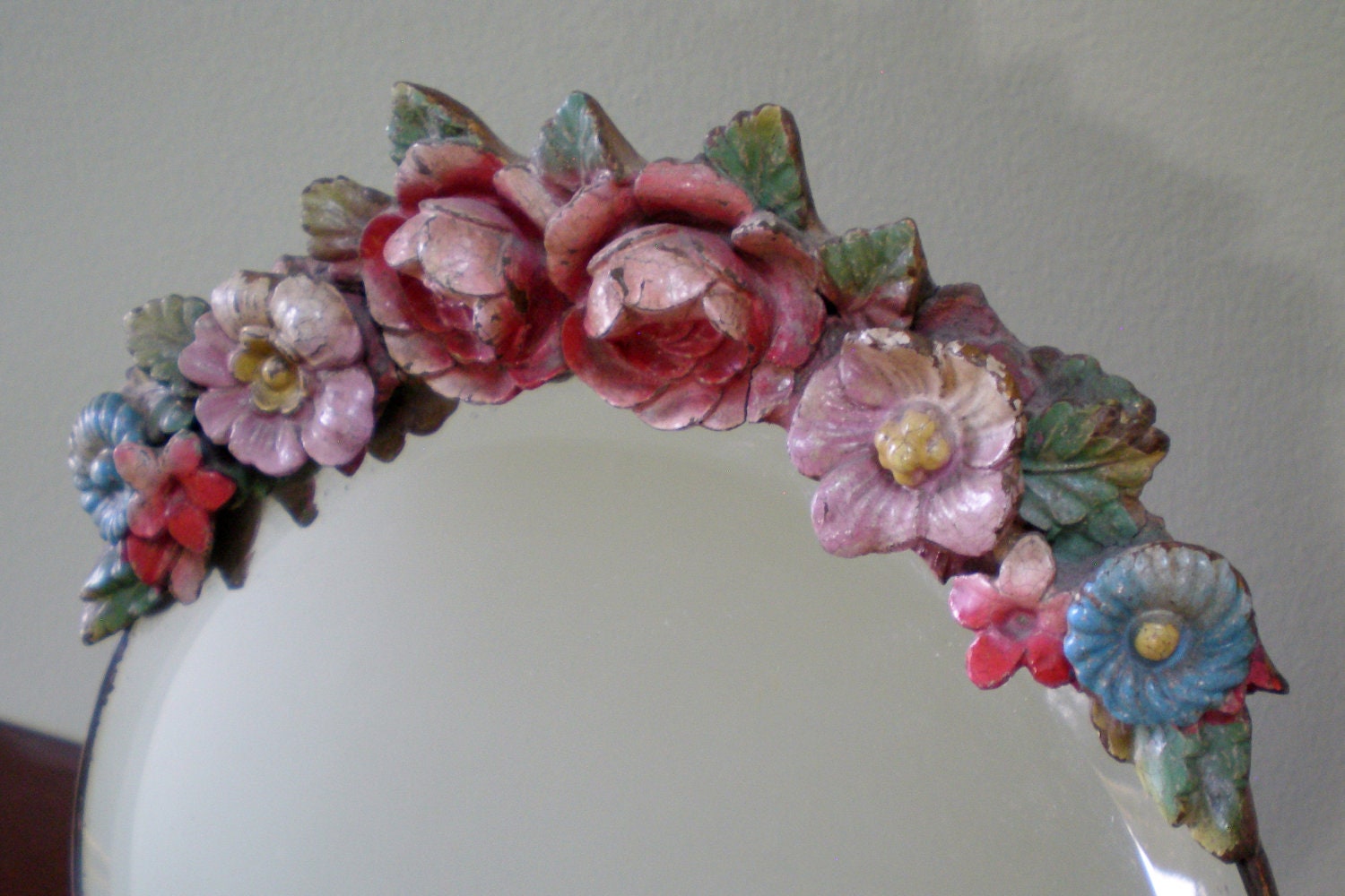 Barbola Mirror - Antique English Country Cabbage Rose Dressing Table Easel Back Mirror