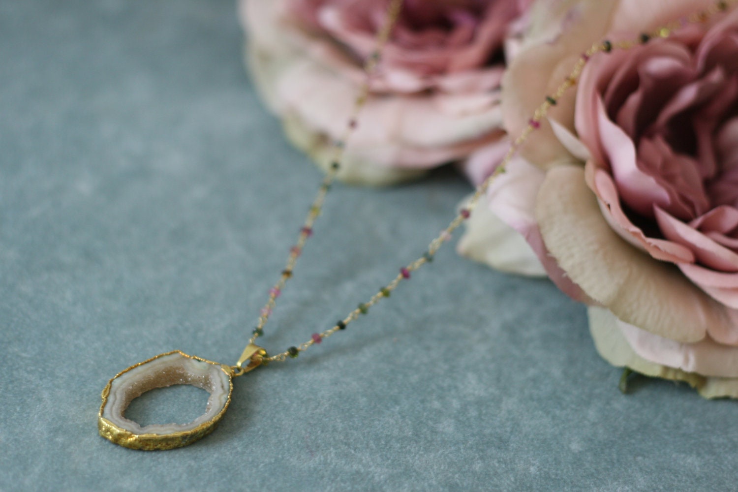 Tourmaline  druzy pendant necklace
