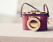 Wood and Leather Camera Necklace- Aztec Red, Brown - Vintage replica