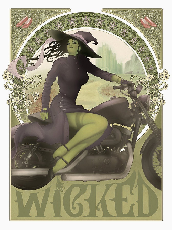 Art Print  - Wicked, Wicked Witch, Wizard of Oz, Elphaba, Motorcycle, Art Nouveau, Mucha, 18 x 24 Poster