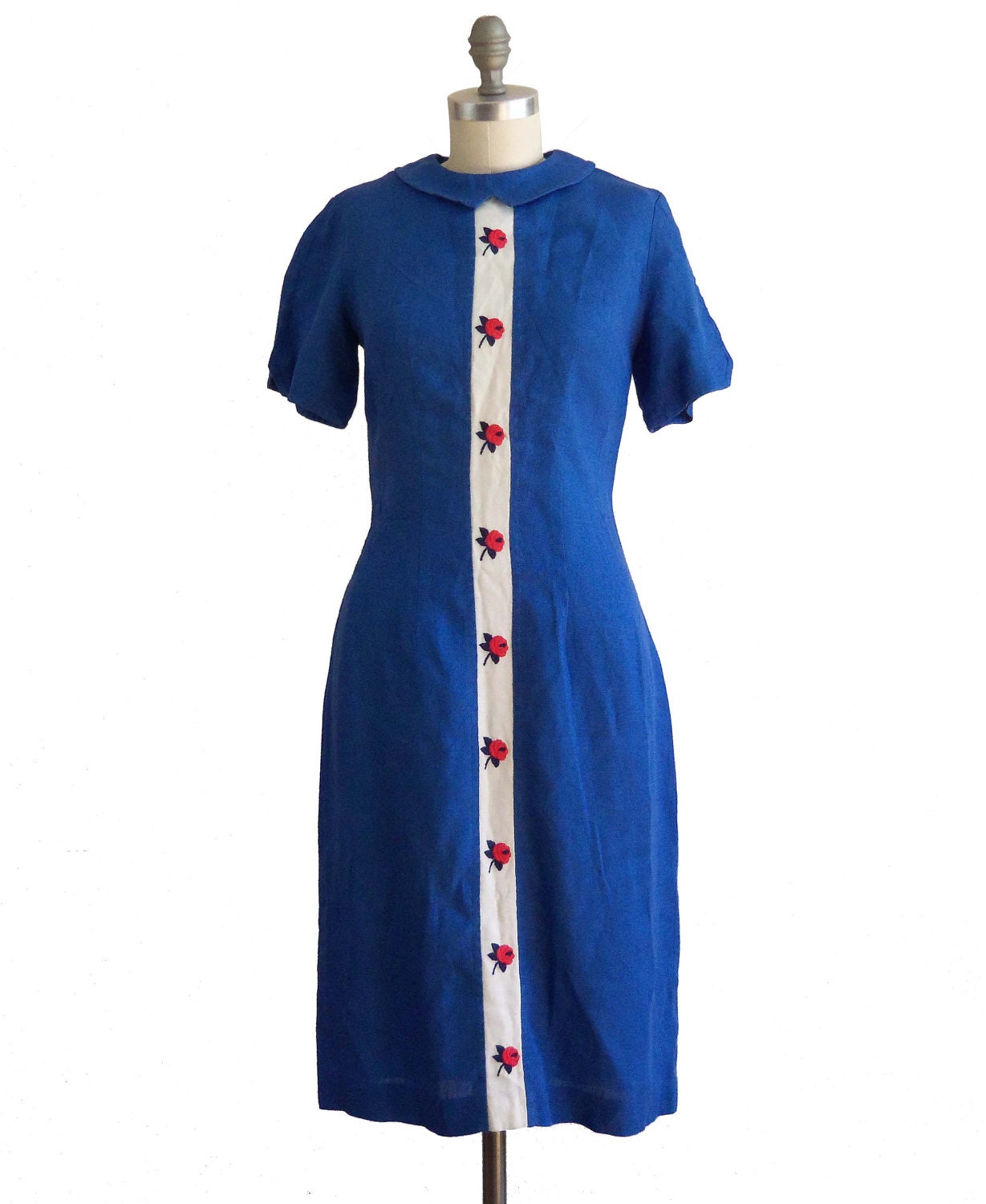 Vintage 60's Embroidered Blue Wiggle Dress by Nelly Don