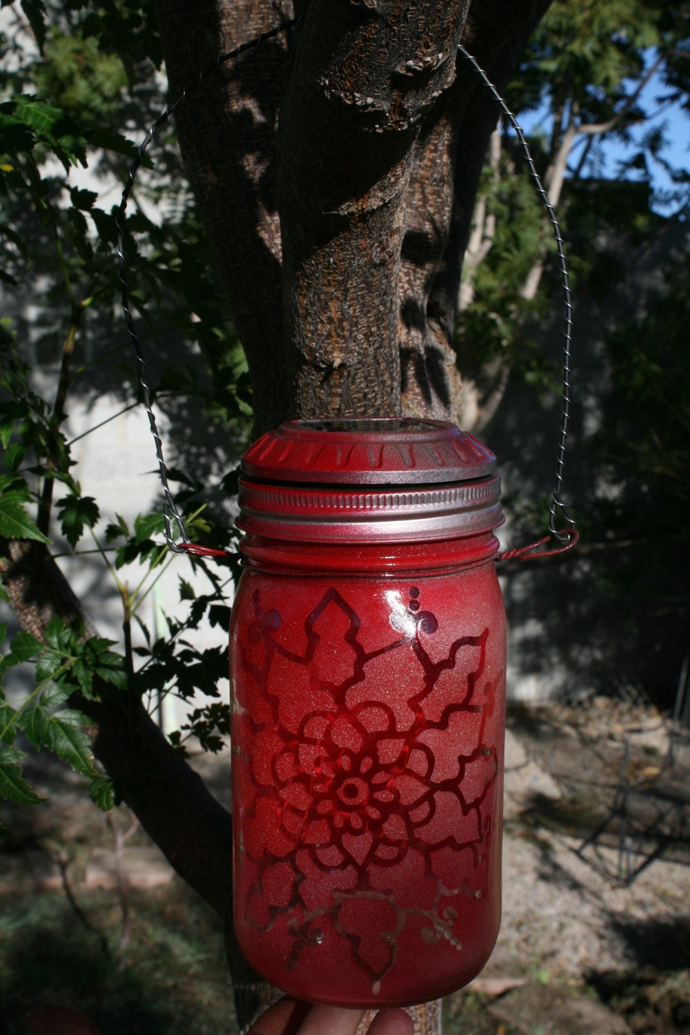 Mason Jar Solar Light Lantern, Christmas Mandala Pattern Red and Green, Outdoor Solar Light, Canning Jar Lighting