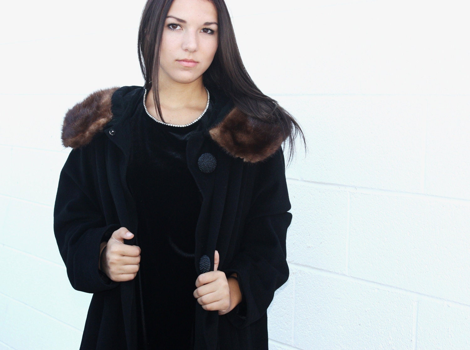 Vintage Black Coat Real Fur Collar - 50's