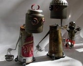 RECYCLED  ROBOT  SCULPTURES  -  "We Are A Family"   - reused repurposed green art