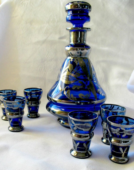 Items Similar To Vintage Cobalt Blue Decanter Set With 6 Glasses With Sterling Silver Overlay On 