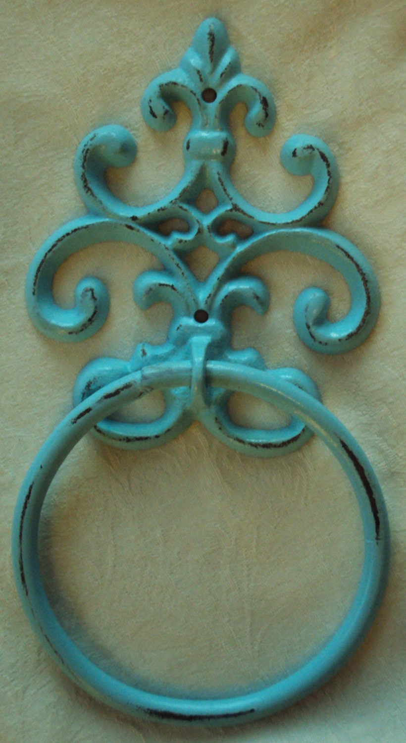 Cast Iron towel ring / shabby chic / victorian / distressed aqua / ready to ship / bathroom fixture