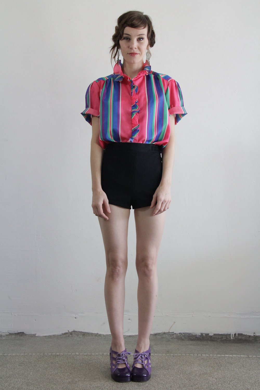 Vintage 80s Blouse . Bright Stripes . Ruffle Collar . 1980s Shirt