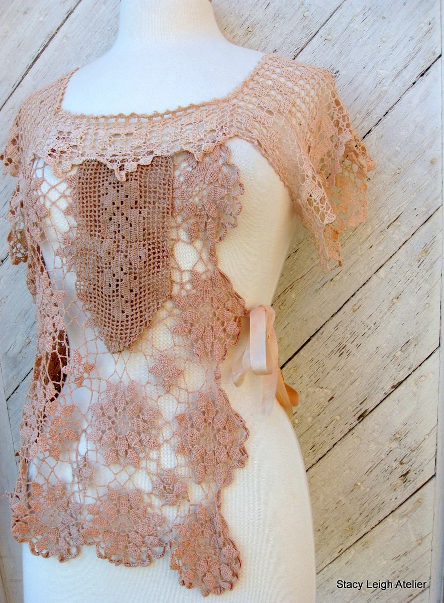 Tea Stained Hand Crocheted Bodice Over Blouse by Stacy Leigh Size Medium