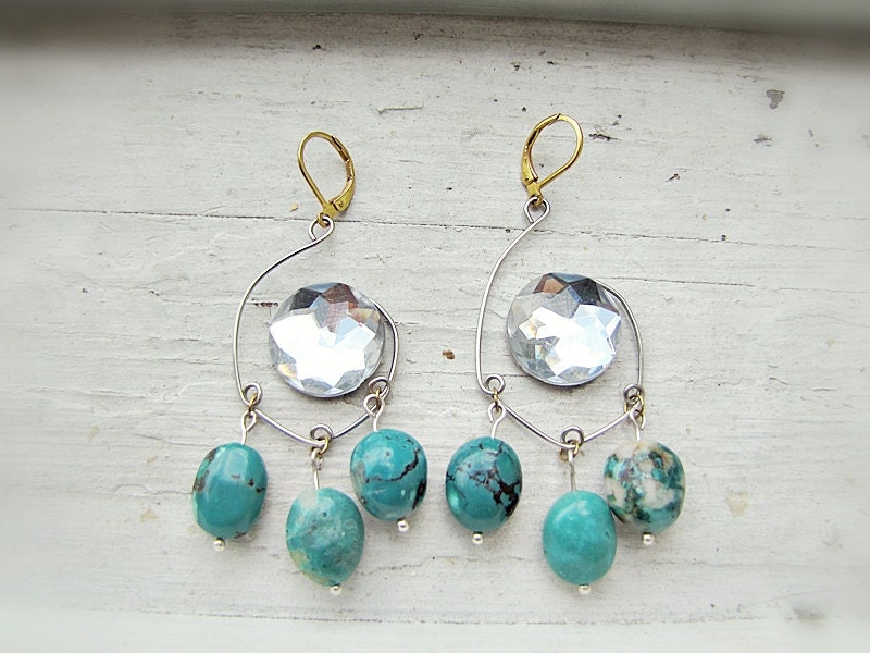 Chandelier Earrings with Turquoise and Rhinestone- Tribal Earrings- Southwest Earrings