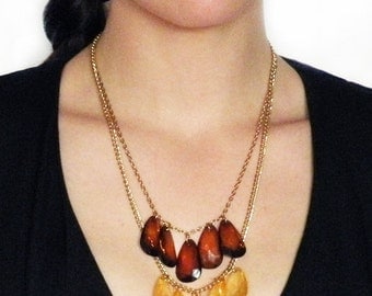 gloria - stained glass hexagon and diamond cut vintage charm necklace - yellow