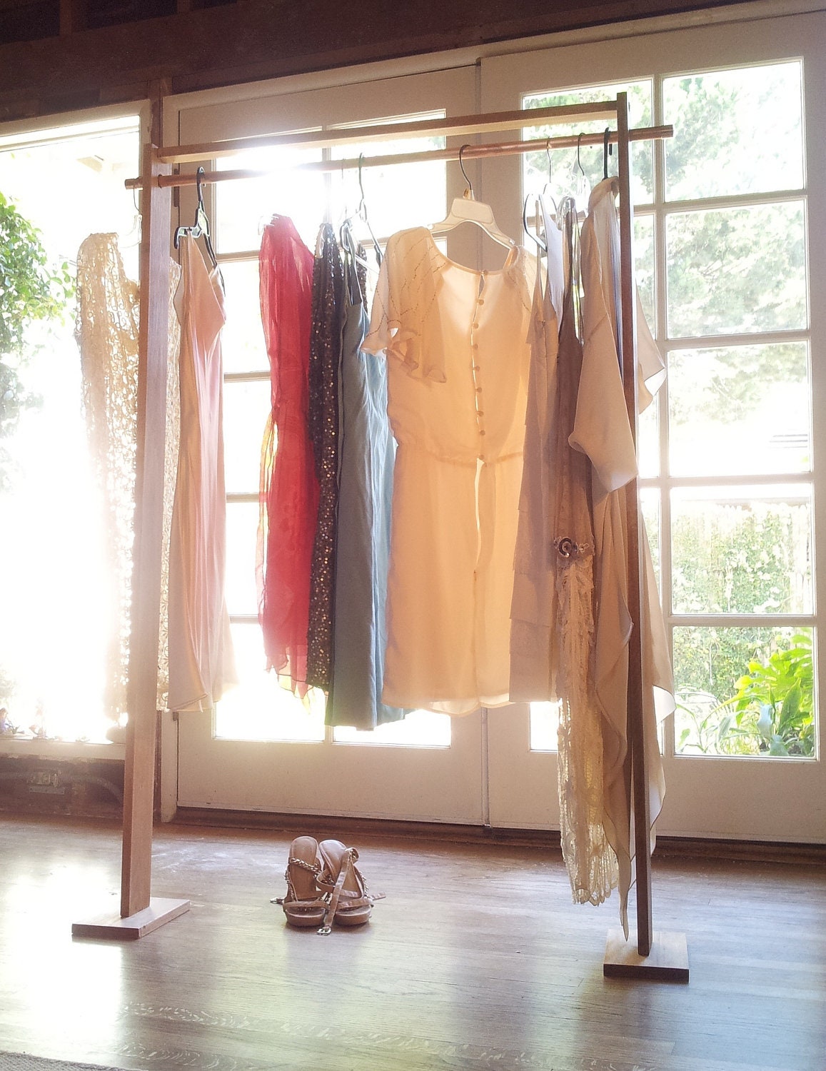 Clothing Racks : Industrial Wood Original Design Garment Racks with Copper Bar