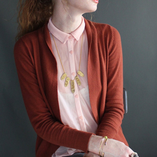Brass Triangle Sunburst Statement Collar Necklace / geometric jewelry / unique metalwork bib, gold tribal fan / adjustable silk