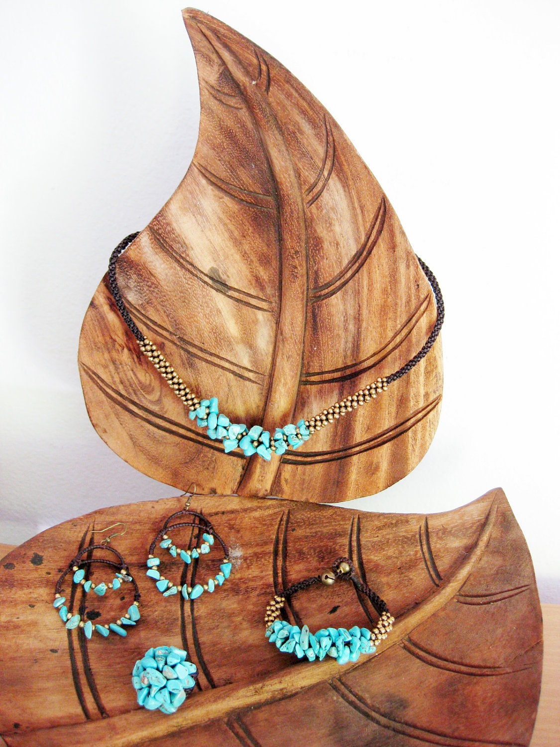 Turquoise Jewelry Set Necklace Bracelet Earrings Ring Thailand Wax String Brass Charms Fair Trade (ST100-T)
