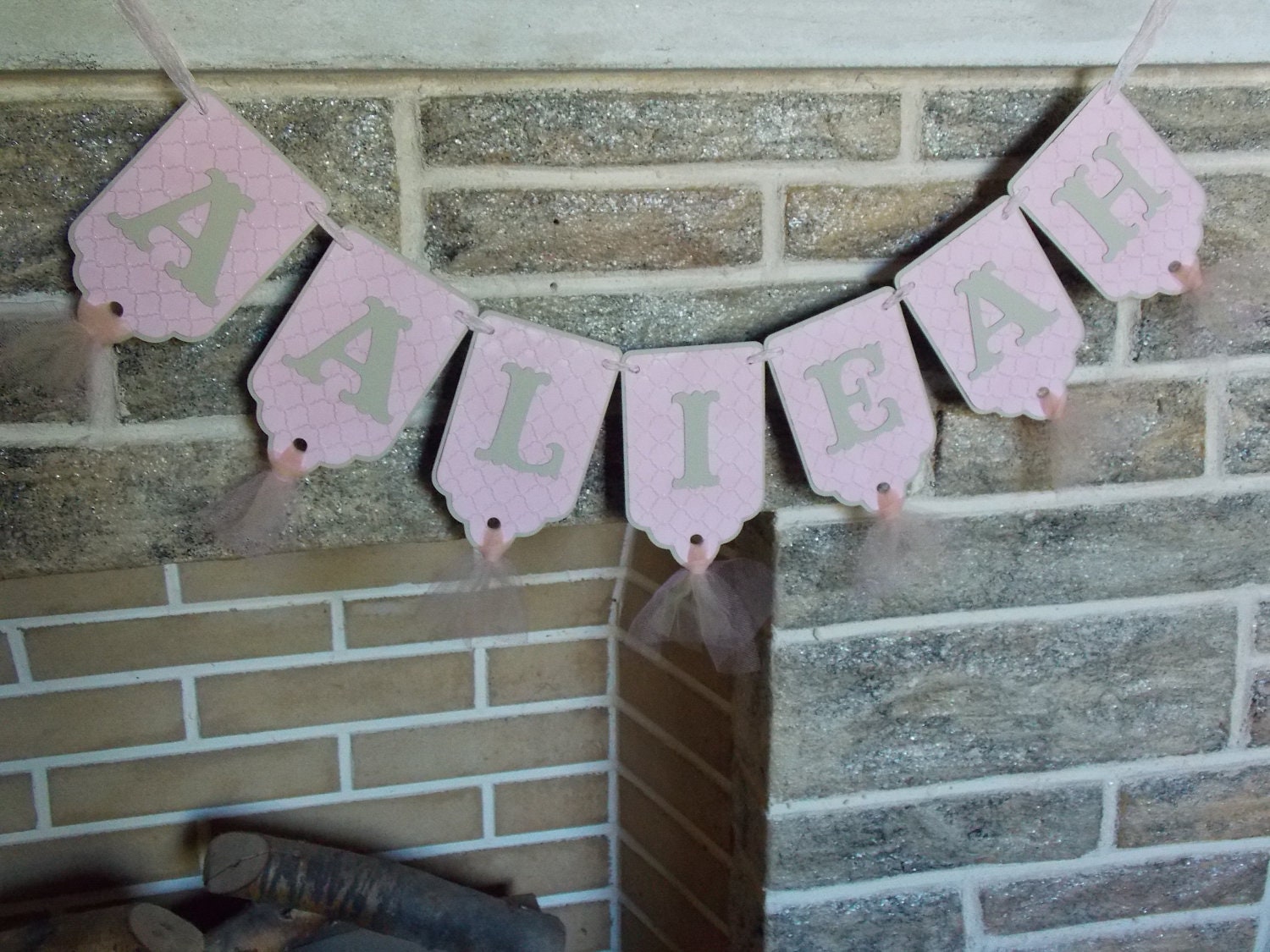 Girls Custom Name Banner Beige and Shabby Pink Party Banner