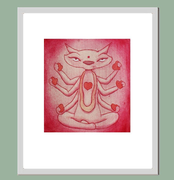 Valentine's day, Indian  cat illustration, etching print colored with watercolor