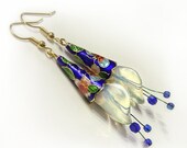 Moonstone and cloisonne lily earrings, rainbow moonstone earrings, spring jewelry, romantic earrings,