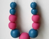 Statement Necklace in Pink and Teal / Hand Painted Wooden Beads / White Leather / Adjustable Length
