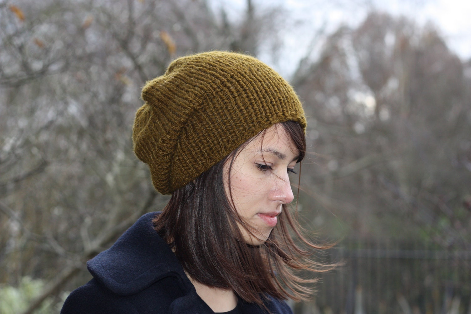 Hand Knit Slouchy Hat  Women's Mens Knitted Hat Olive Green