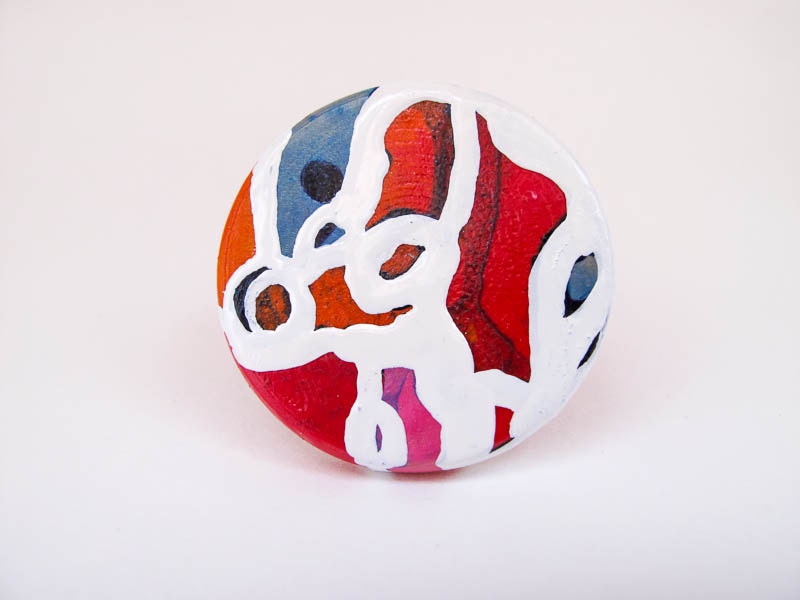 Original handmade cocktail ring, abstract, art to wear, red, blue, orange, white - Mixed media jewelry by Lespetitsbuttons on Etsy