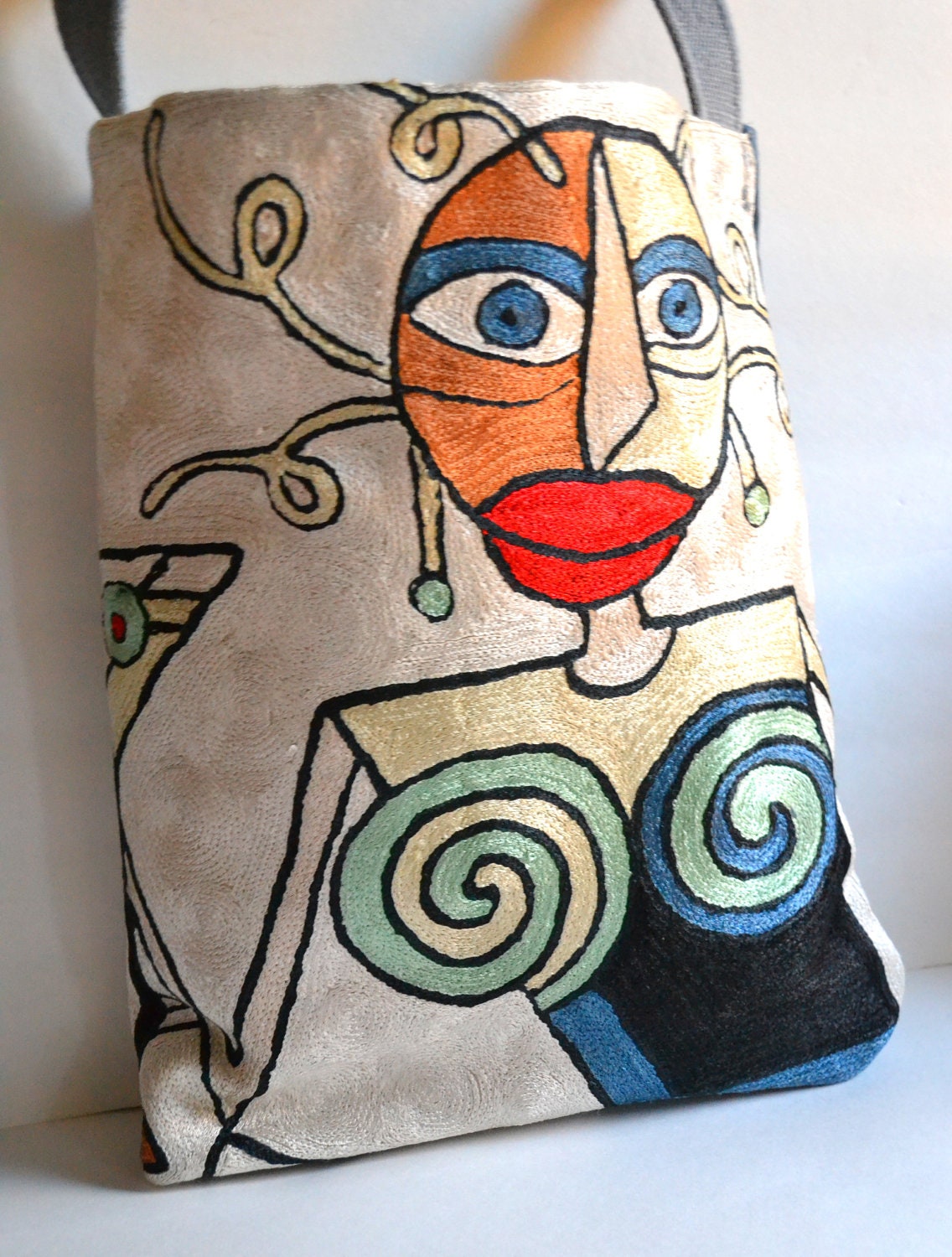 OOAK Picasso Tote Bag - Repurposed Silk Tote Bag - Wearable Art