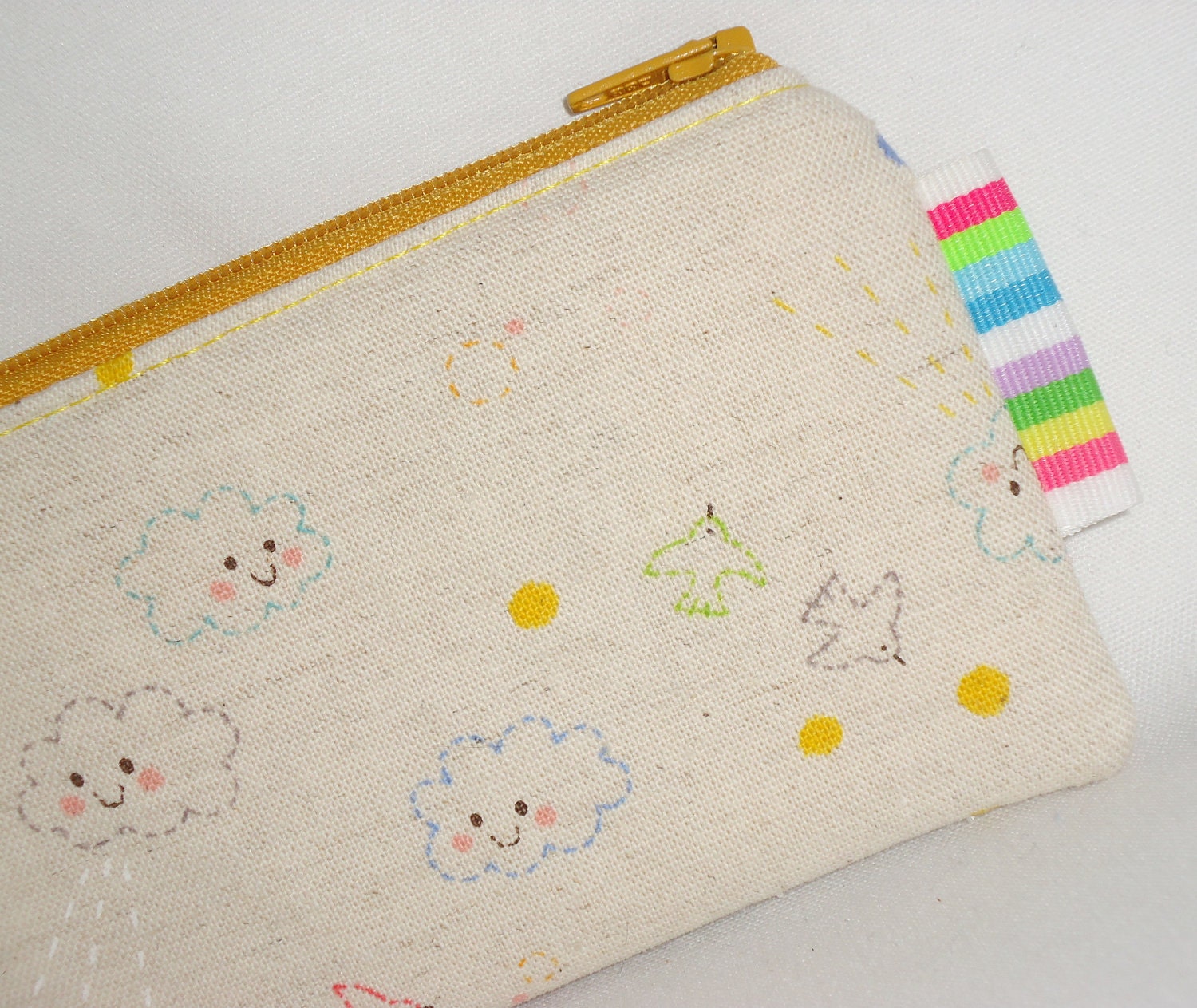 Medium Padded Zippered Pouch Happy Anthropomorphic Clouds & Birdies --- (Coin Purse / iPhone Case /Camera Bag)