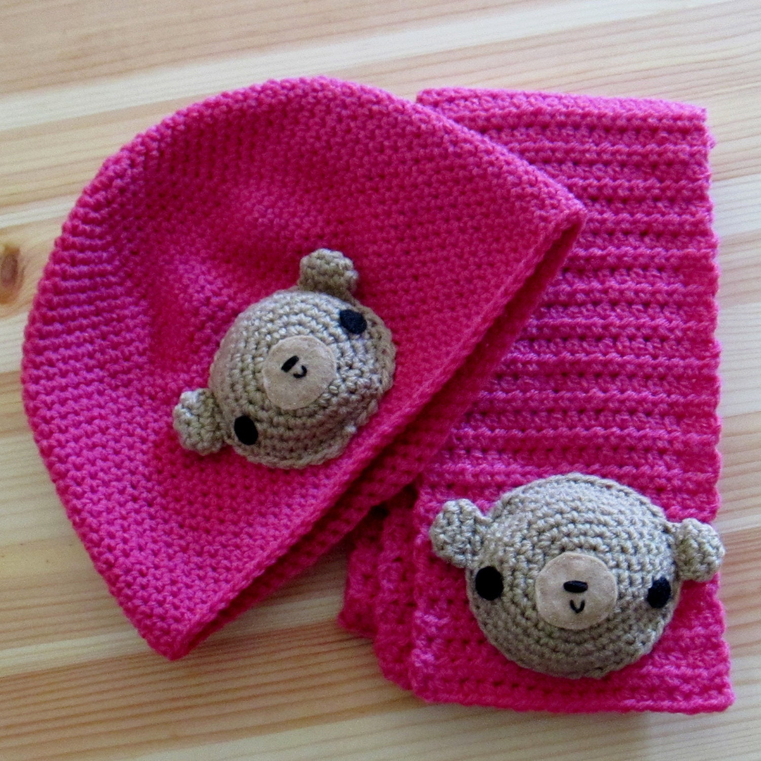 Sweet Bear Pink Hat and Scarf Set