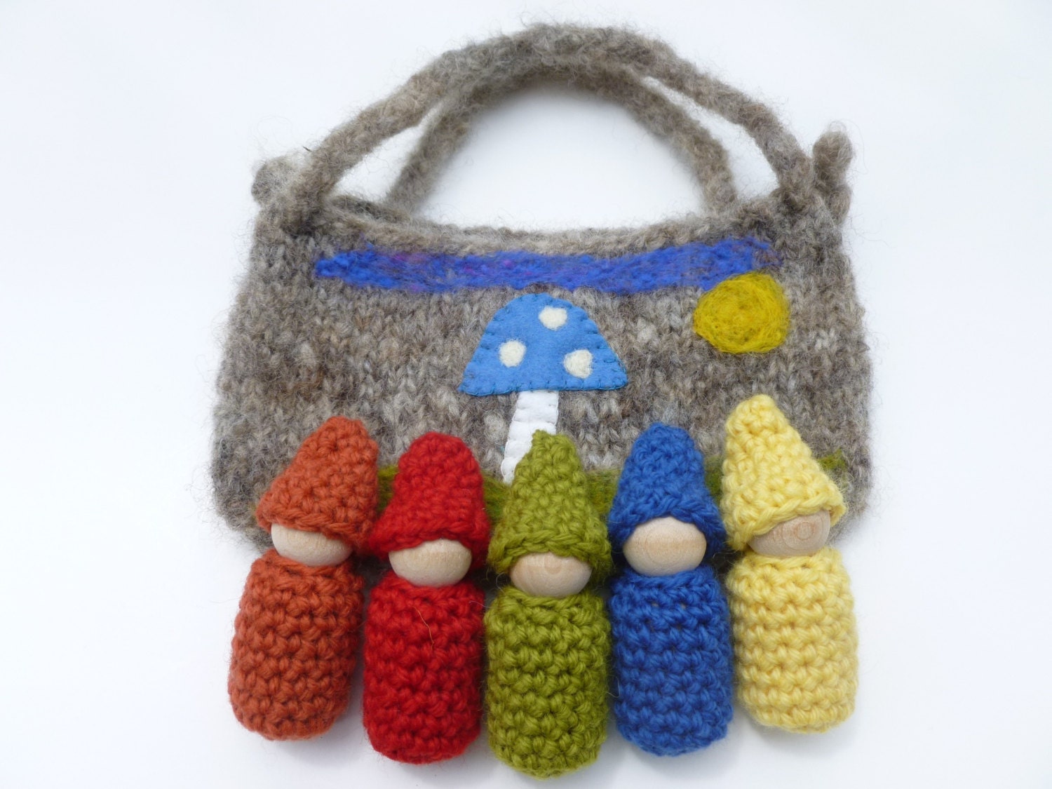 Gnomes in a pouch set wood peg dolls felted pouch