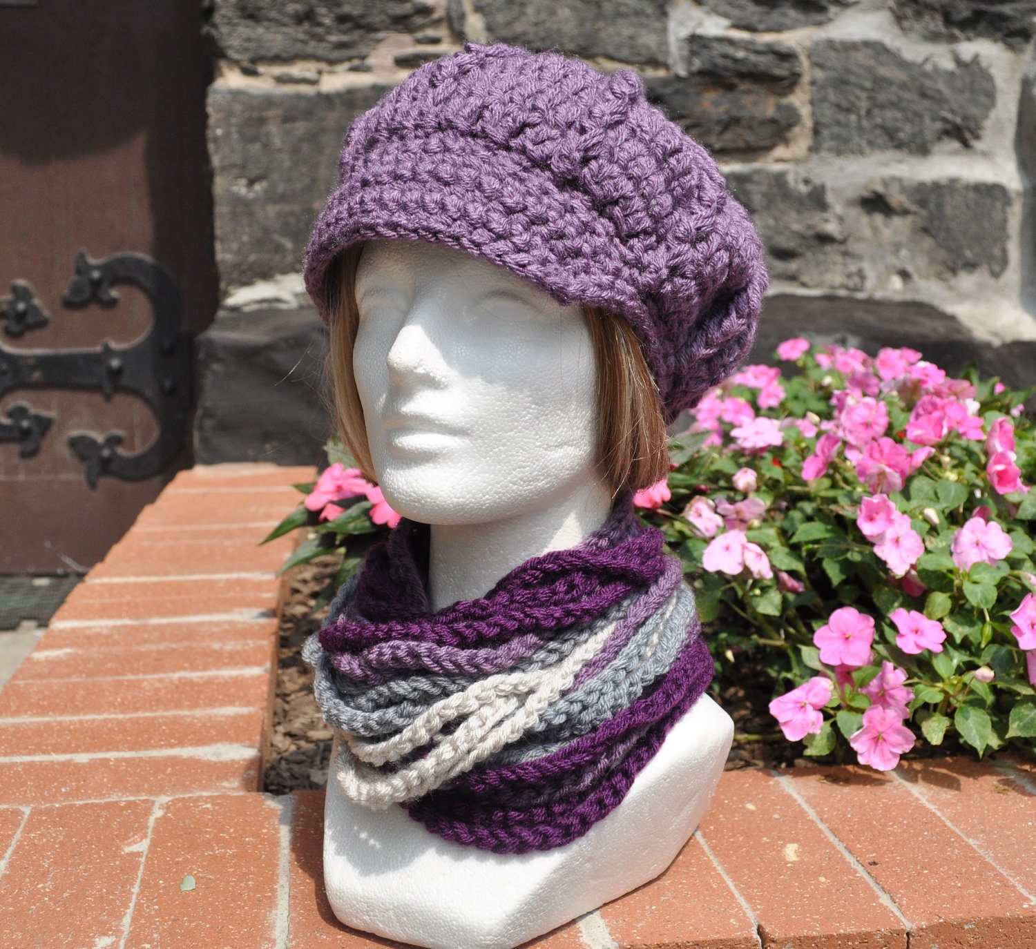 Newsboy Crocheted Hat and Matching Rope Scarf - Dusty Purple - Winter Accessories