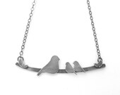 Nestling Bird Mother's Necklace with Momma & 2 Baby Birds: DARK GREY FINISH