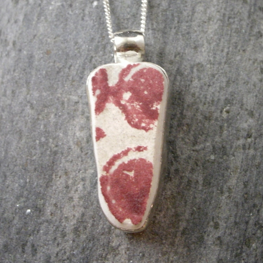 Genuine Beachcombed Red and White Pottery Shard Pendant Bezel Set in Sterling Silver