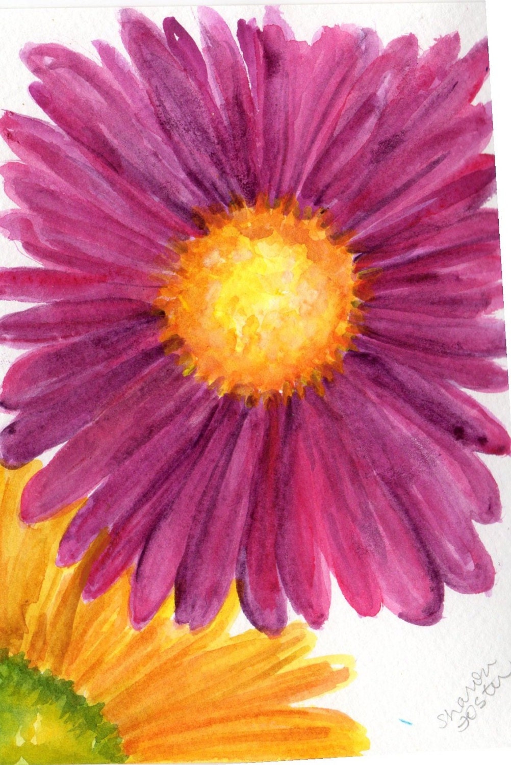 Yellow Daisy, Purple Daisy watercolor painting on Aqua , Original Watercolor  Daisy ART - SharonFosterArt