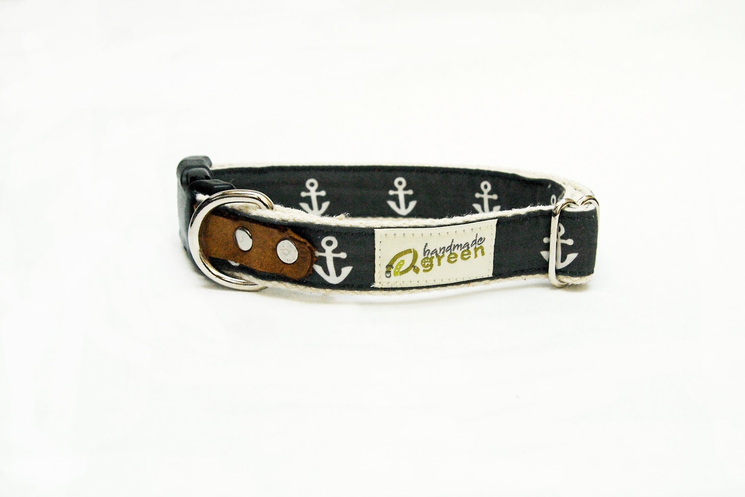 Black Anchors Hemp Dog Collar. Custom Fabric Design.