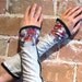 Pink Butterfly Arm Warmers - Gray Gauntlet Sleeves black edge OOAK one-off cotton armwarmers