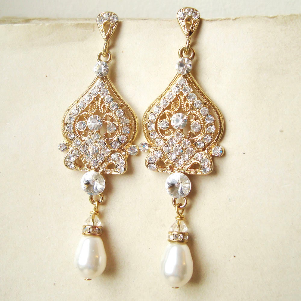 GOLD Bridal Earrings, Gold Chandelier Wedding Earrings, Gold Bridal Jewelry, Vintage Wedding Jewelry, JACQUELINE
