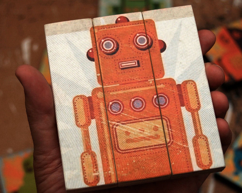 Robot Art - Retro Robot Stan Jr. Medium Triptych- Small Art Robot Decor- Retrobot Art for Teens Room - Dorm Room Decor - Art for Boys Room