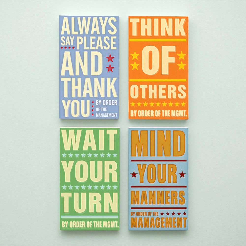 Kids Room Art - Good Manners Set By Order of the Management Word Art Blocks - Set of 4 - 4 in x 7 in Childrens decor - Kids Art Print