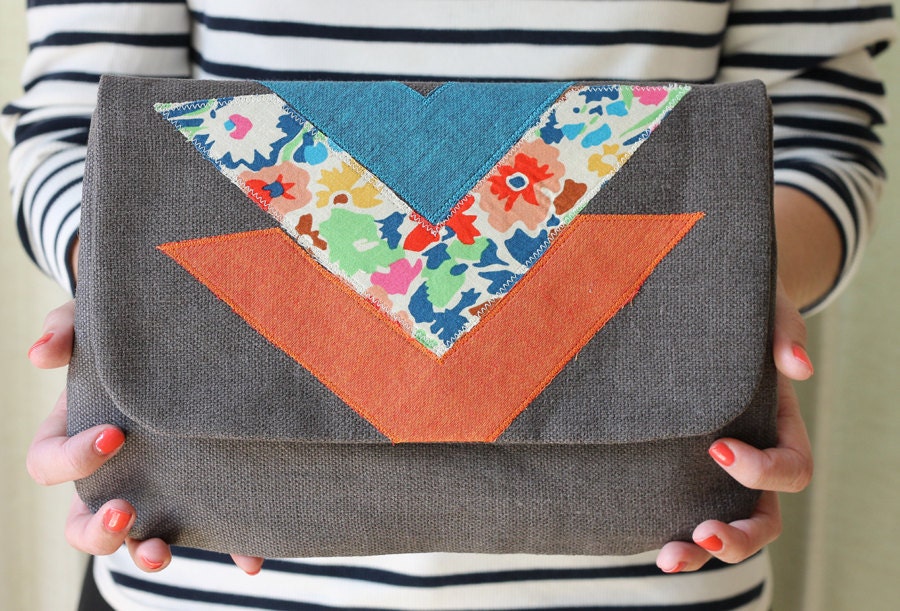 Bloomsbury Chevron Clutch, Large, Gray Linen, Applique