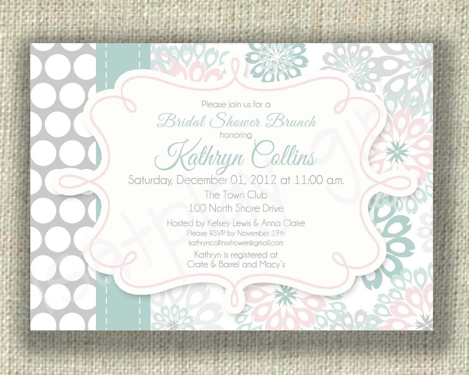 Winter Bridal Shower Invitation Pewter Mint Ice Blush Pink Dots Digital by girlsatplay Etsy girls at play Il_170x135