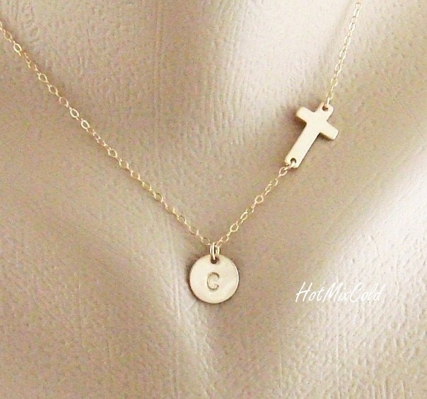 Monogram cross cross Necklace. sideways and necklace SMALL charm  with cross  charm  charm Gold Sideways