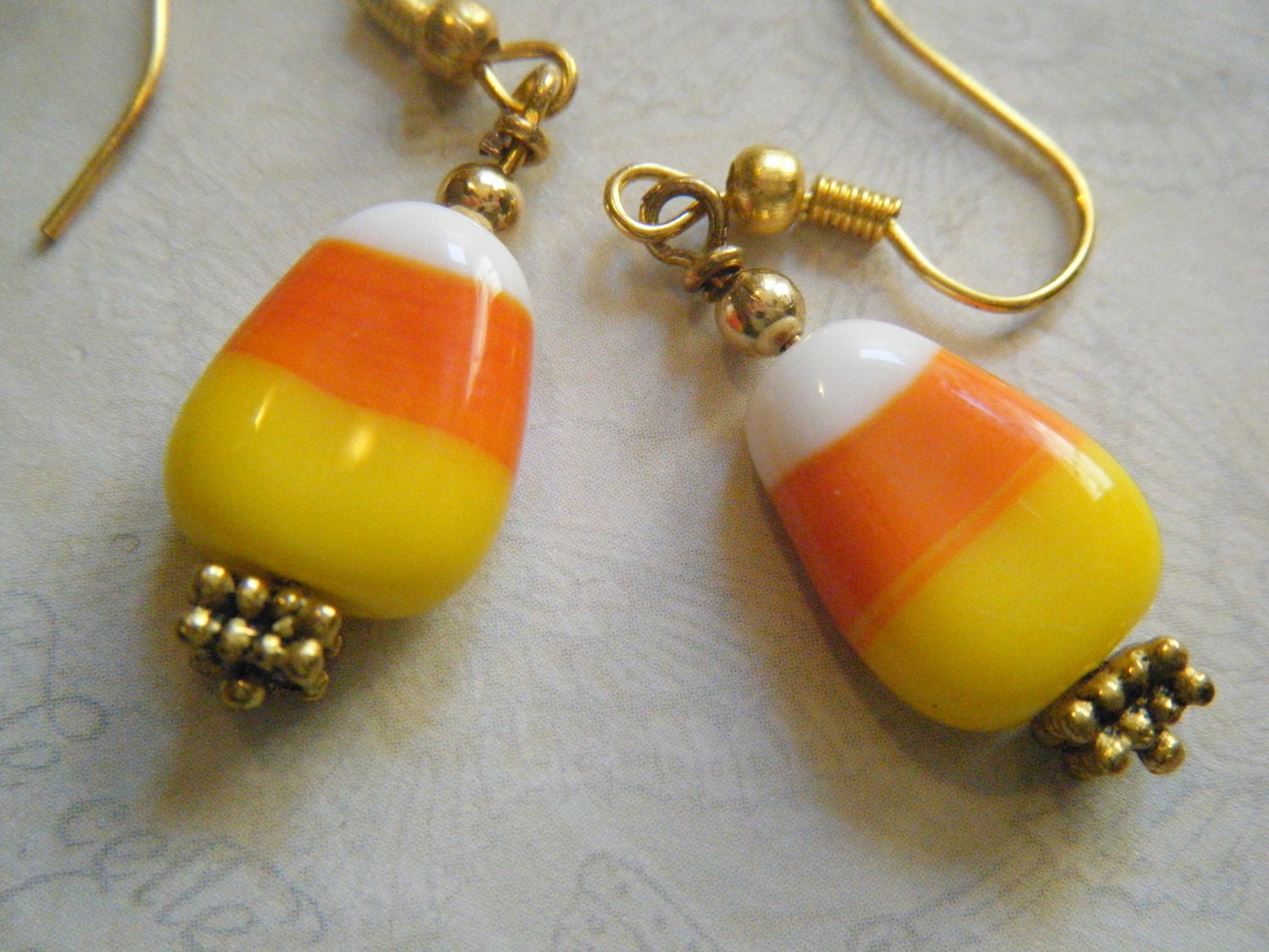 Halloween Candy Corn Earrings, Lampwork Glass Beads, Holiday, Autumn, Kitsch, Orange