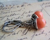 Coral Earrings Coral Bali Style Caps Lever Back Ear Wires Swarovski Crystal Pearl