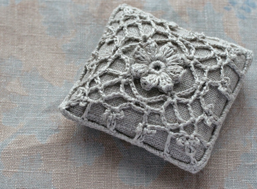 Linen  pincushion - crochet motif